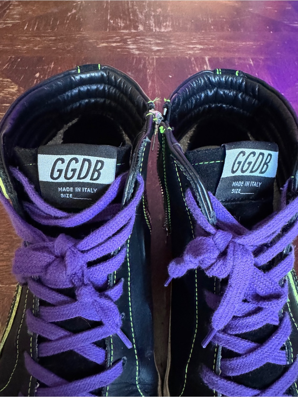 Golden Goose Slide Leather High-Top Sneaker in Black & Neon Green - Picture 4 of 7